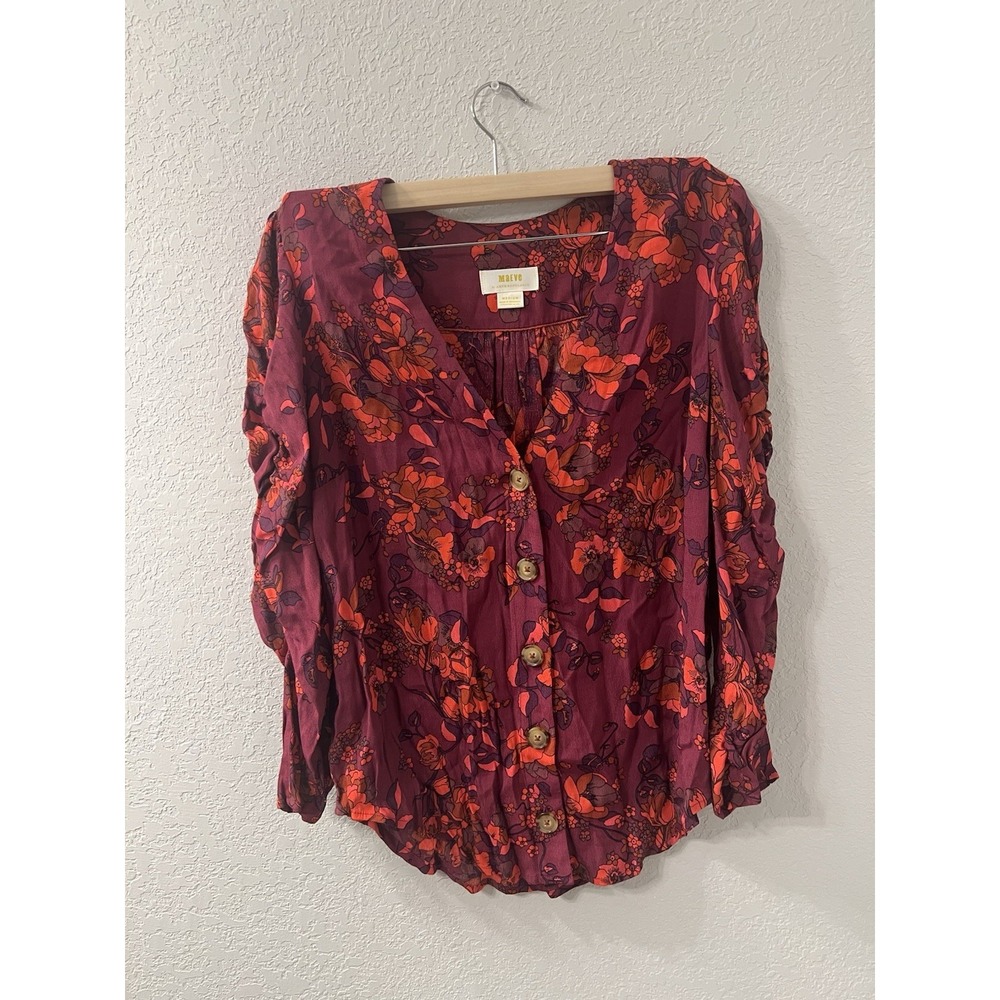 Maeve Anthropologie Floral Blouse Ruched Sleeve Button Down Top M‎